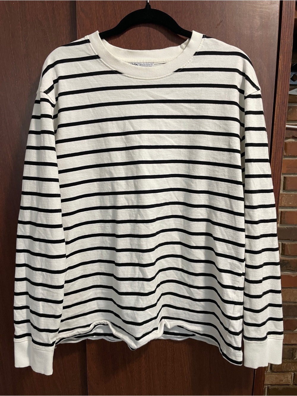 Zara Black and White Striped Long-Sleeve Crewneck Shirt
